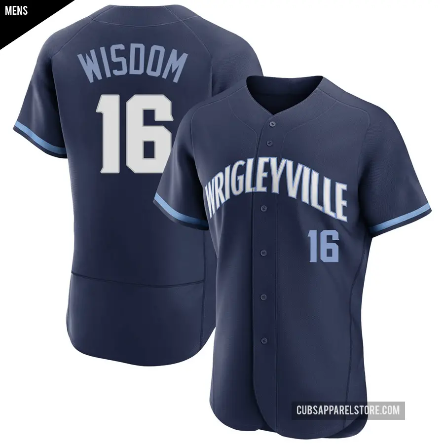 Men's Chicago Cubs ＃16 Patrick Wisdom Authentic Navy 2021 City Connect Jersey