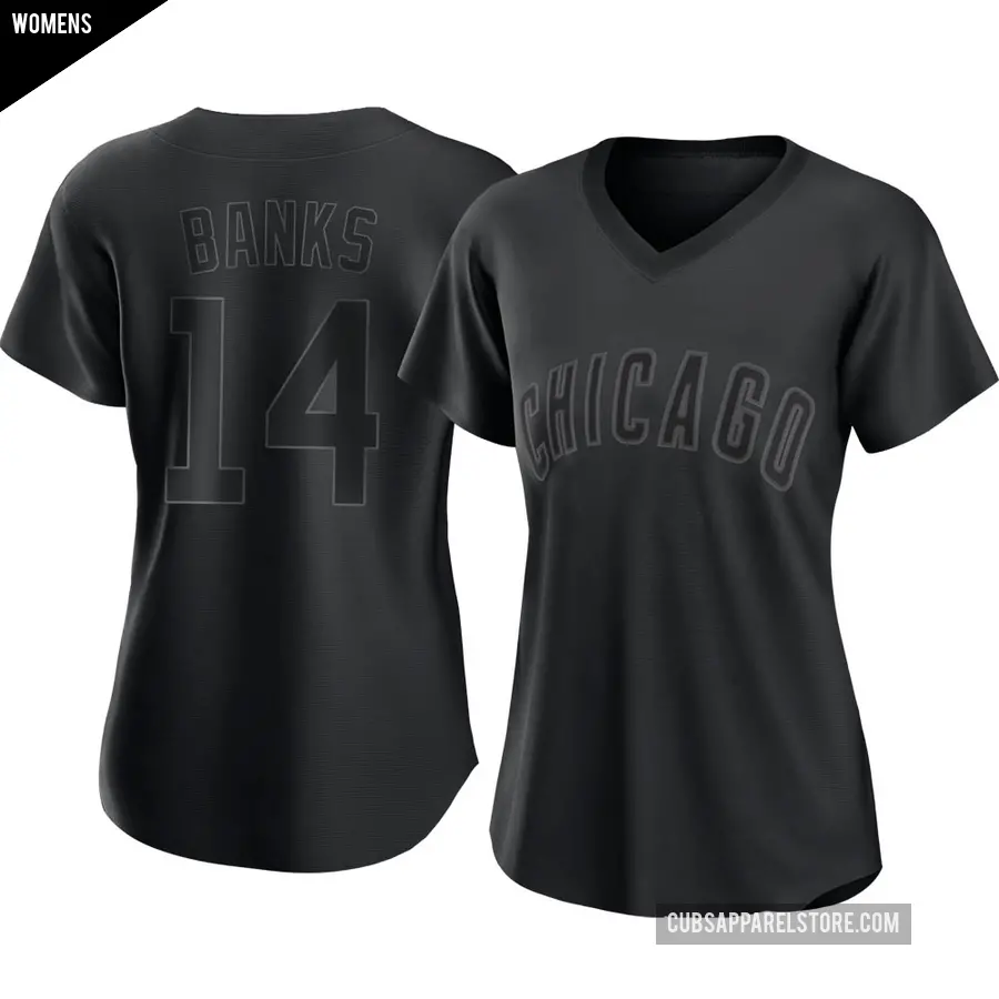 Women's Chicago Cubs ＃14 Ernie Banks Authentic Black Pitch Fashion Jersey