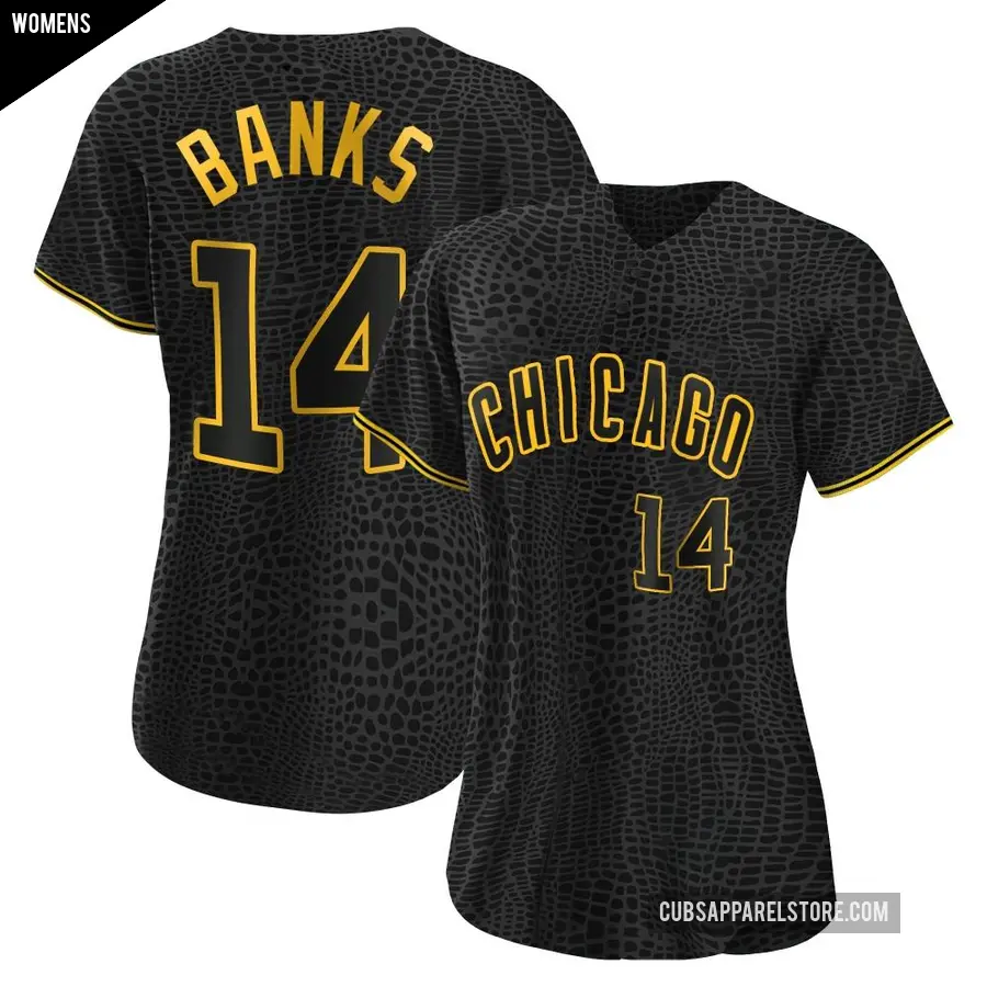 Women's Chicago Cubs ＃14 Ernie Banks Replica Black Snake Skin City Jersey