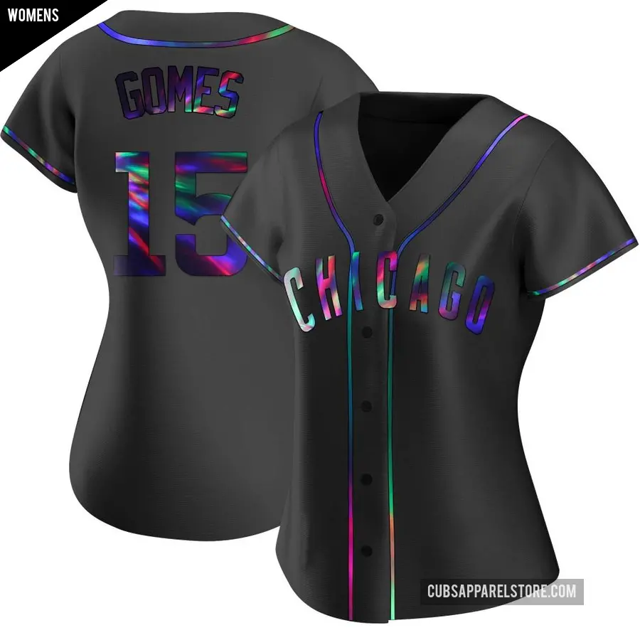 Women's Chicago Cubs ＃15 Yan Gomes Replica Black Holographic Alternate Jersey