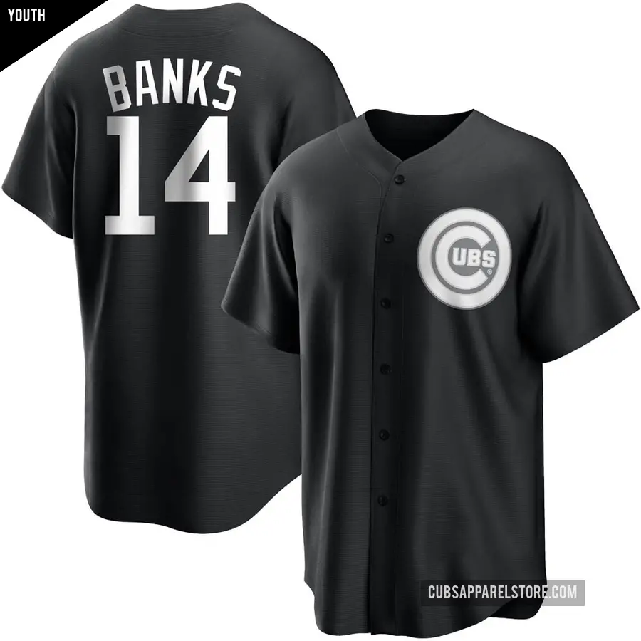 Youth Chicago Cubs ＃14 Ernie Banks Replica Black/White Jersey