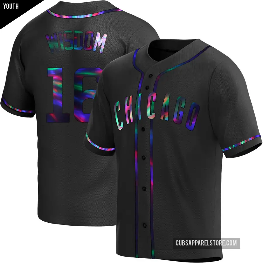 Youth Chicago Cubs ＃16 Patrick Wisdom Replica Black Holographic Alternate Jersey