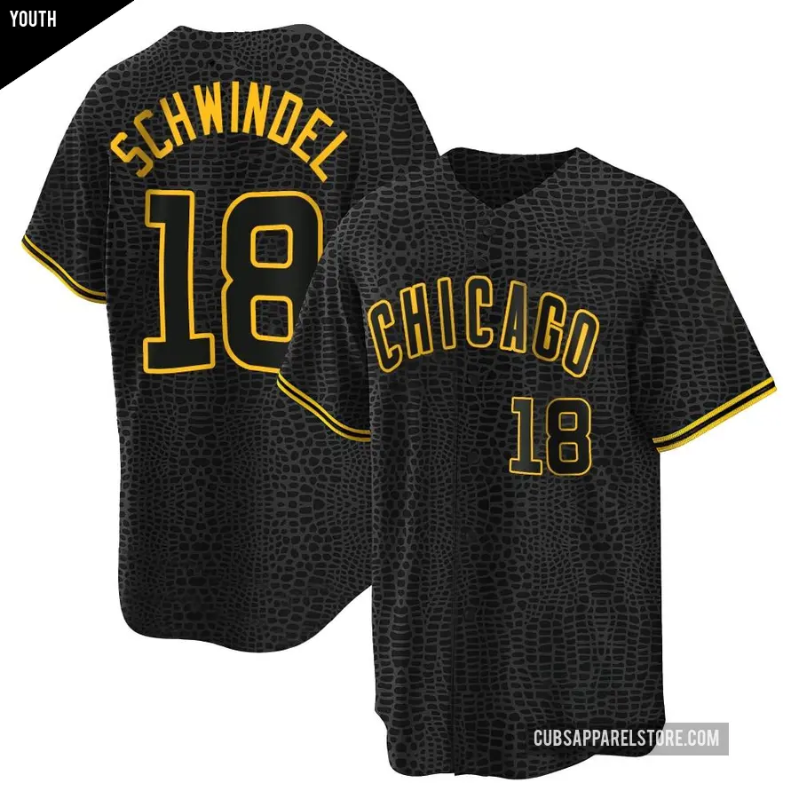 Youth Chicago Cubs ＃18 Frank Schwindel Replica Black Snake Skin City Jersey