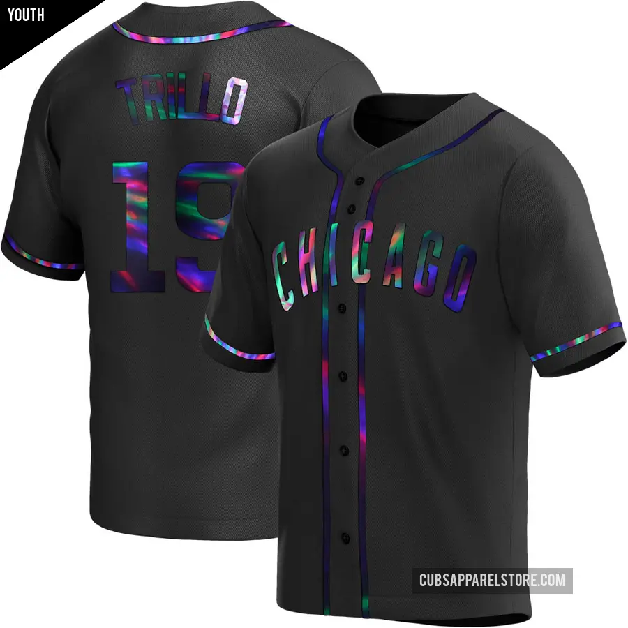 Youth Chicago Cubs ＃19 Manny Trillo Replica Black Holographic Alternate Jersey