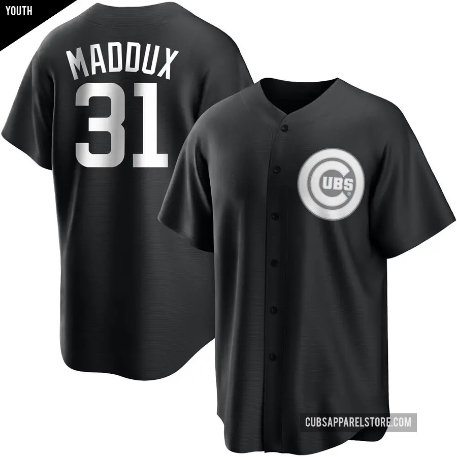 Youth Chicago Cubs ＃31 Greg Maddux Replica Black/White Jersey