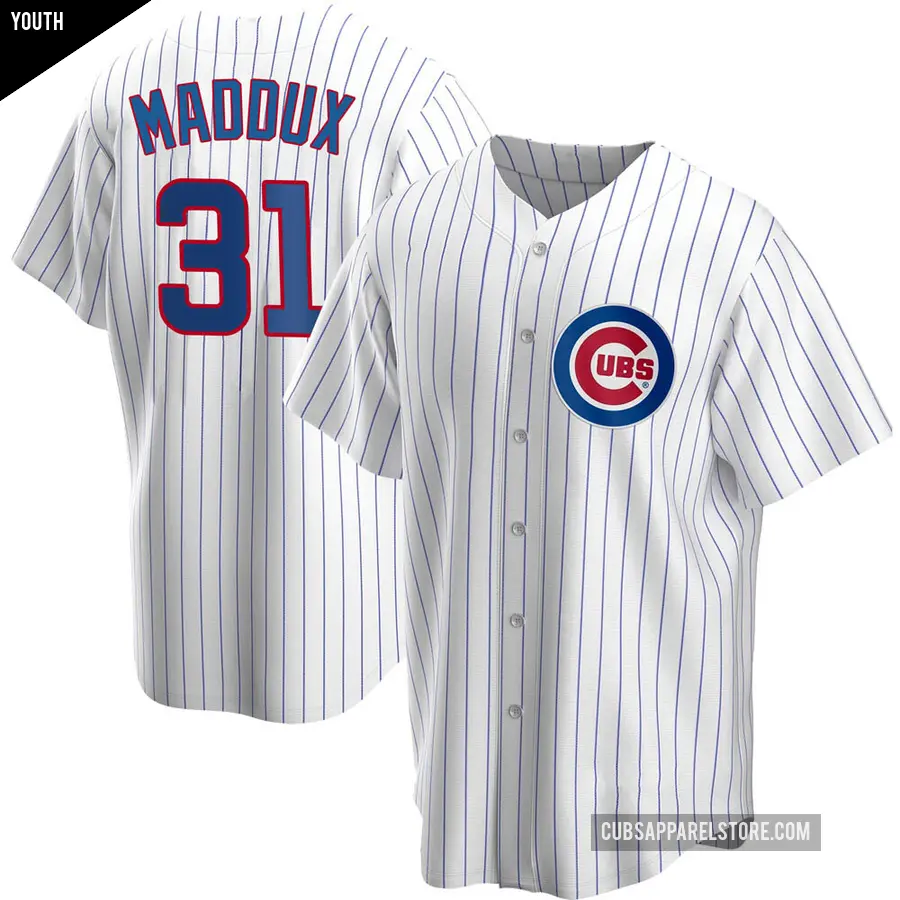 Youth Chicago Cubs ＃31 Greg Maddux Replica White Home Jersey