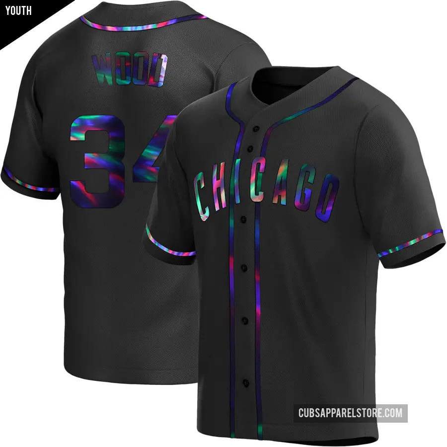 Youth Chicago Cubs ＃34 Kerry Wood Replica Black Holographic Alternate Jersey