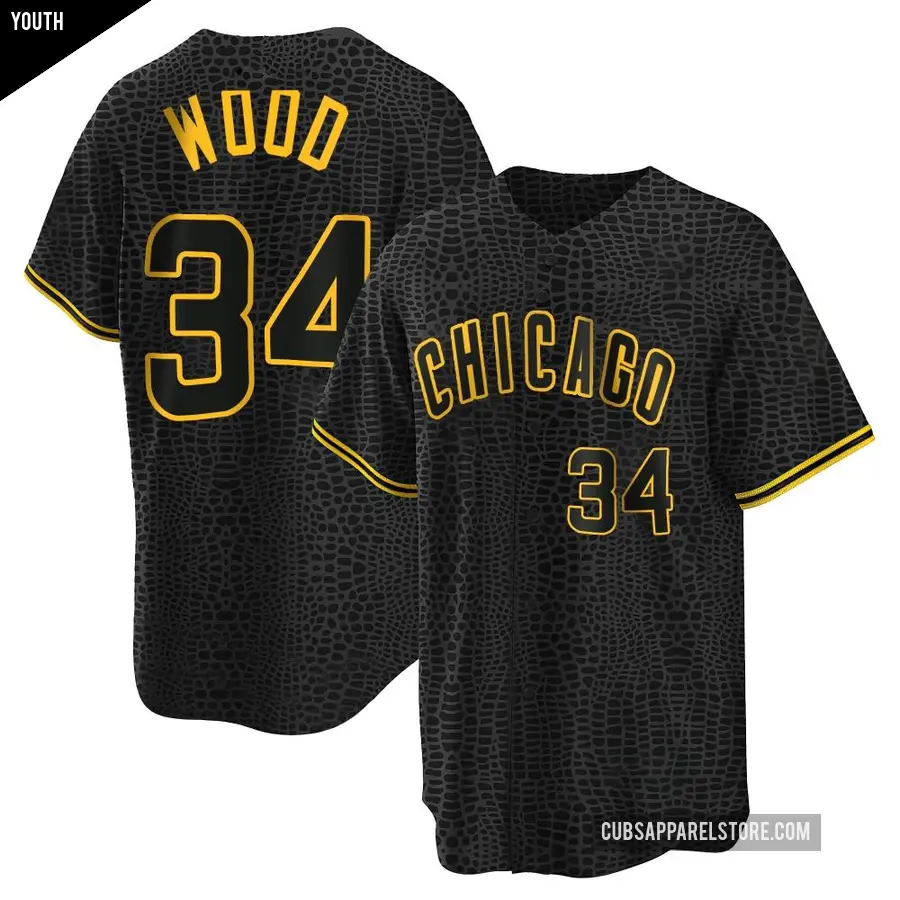 Youth Chicago Cubs ＃34 Kerry Wood Replica Black Snake Skin City Jersey